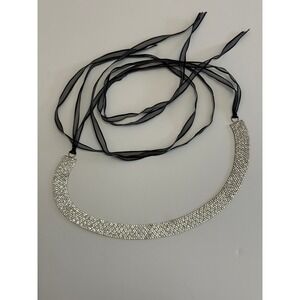 Silver Rhinestone Belt with Black Ribbon Ties Wedding Gala Formal Glam Accessory
